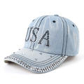 Cappellino da baseball in denim azzurro con lettere USA in strass e visiera con decorazioni - Regolabile / Azzurro