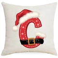 Housse de coussin Noël avec lettre C festive, bonnet de Père Noël et motifs de flocons - Lettre C