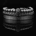3-piece punk bracelet set with crown skull charm and Roman numeral steel cuff in black - Black Skull with Black Zircon