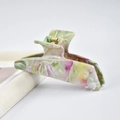 Detailed close-up of marble pattern hair claw clip with colorful resin swirls and metal spring - Triangle 11.5cm-Mixed Purple Green