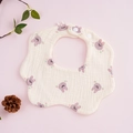 Baby petal gauze bib in off-white with purple rabbit print and double snap closure - Purple Rabbit