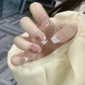 Faux ongles carrés courts rose à carreaux avec nœud papillon et motif petit lapin - R834 Coeur Carreaux - Type Colle