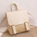 Chic woven straw and off-white leather lady backpack with elegant gold hardware buckles - White
