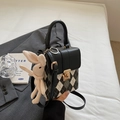 Mini argyle tote bag with black leather flap and cute beige knit rabbit pendant - Black Diamond Lattice with Pendant