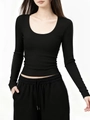 T-shirt noir moulant à manches longues avec col en U et texture côtelée fine pour femme - S / Col dégagé / Noir