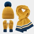 Dreiteiliges Strickset mit Bommelmütze, Schal und Touchscreen-Handschuhen in Senfgelb - Gelb