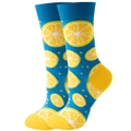 Detail view of sky blue crew socks with yellow lemon pattern and knit texture - EU 36-42 / Blue Lemon