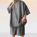 Men's dark grey checkered jacquard t-shirt and shorts casual two-piece summer set - S / Dark Gray