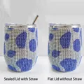 Blue and silver rhinestone 12oz stainless steel wine tumbler with lid and straw - Cow Pattern Dark Blue