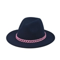 Detail of navy wool fedora hat featuring a bold neon pink chunky chain accessory - Adult 57-60cm / Dark Blue with Pink Chain