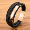 Pulsera multicapa de cuero trenzado negro para hombre con cierre magnético en oro rosa - 19cm / Oro rosa