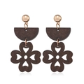 Close-up of geometric hollow wood clover earrings with gold studs on white background - Style 34