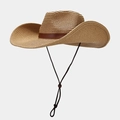 Classic western style straw cowboy hat with brown leather band and adjustable chin strap - One Size(58cm) / Khaki