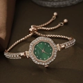 Rose gold watch with green petal dial, rhinestones and pearls on dark texture - Rose Gold Green Face