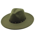 Macro detail of olive green wool fedora hat with wide brim and studded black decorative band - M (56-58cm) / Army Green