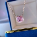 Pink square stone necklace in rose gold finish with halo crystals in luxury blue jewelry box - Necklace / Pink