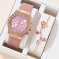 Women's rose gold watch set with pink leather strap and matching rose bracelet in gift box - Pink Watch + Bracelet Set
