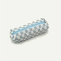 Detailed view of light blue and white checkerboard knit pencil case with zipper - Blue Plaid