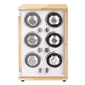 Automated 6-slot watch winder box with light wood finish and white leather lining - 6 Slots / Oak Grain & Cream Velvet