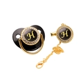 Detail view of black baby pacifier with gold letter H and rhinestone clip set - Letter H