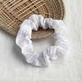 White floral scrunchie with purple patterns in lightweight sheer fabric for women - White with Purple Flowers