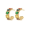 French vintage C-shape gold earrings with colorful oval gemstones and cubic zirconia - Colorful