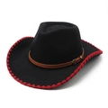 Black felt cowboy hat with red stitching, brown leather band and metal buckle on white background - M (56-58cm) / Black