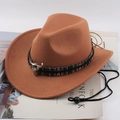 Classic brown western felt cowboy hat with ethnic band and metal bull head ornament - Tibetan Cloth Bull Head / Caramel