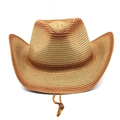Brown gradient woven western cowboy hat with cattle head accessory and windproof chin strap - M (56-58cm) / Khaki & Khaki