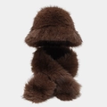 Detail of soft brown leopard print faux fur bucket hat and matching scarf set for winter - Dark Brown Faux Fox Fur Hat & Scarf Set