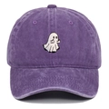 Close-up of ghost embroidery and distressed texture on purple vintage baseball cap - Purple