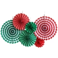 Set of 6 red and green paper fans with gold dots and stripes for wedding party decor - Red and Green Set