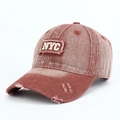 Vintage washed rust red baseball cap with 3D NYC embroidery and distressed rip details - Adjustable / Burgundy