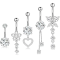 5-piece silver belly button ring set with sparkling zircons and heart tassel charms - Silver