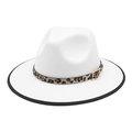 Classic white wool felt fedora with black bound edge and stylish leopard print band - M (56-58cm) / White