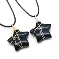 Star-shaped black stone pendants with gold and silver wire wrap on woven cords - Obsidian