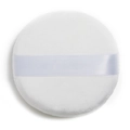 Soft white circular crystal velvet powder puff with satin ribbon handle for makeup - White Round 55mm