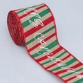 Red and green striped burlap Christmas ribbon with Merry Christmas text print - Linen Red Green Merry Christmas (Style 10)