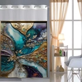 Detail showing white eyelets and blue-gold fluid marble texture on shower curtain - 181x188cm Single Shower Curtain / Teal Fluid Art