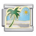 Italian modular charm in stainless steel featuring an enamel palm tree beach scene - ICJ571-1/Seaside Coconut
