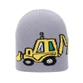 Makroansicht der grauen Kinder-Strickmütze mit gelbem Bagger-Jacquardmuster für Jungen - 2-6 Jahre / Hellgrau