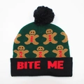 Green knit Christmas hat with gingerbread man and black pompom featuring Bite Me slogan - Hat Style 13 (Green Gingerbread Man)