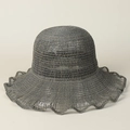 Close-up of charcoal grey raffia sun hat showing intricate weave and wavy brim detail - M(56-58cm) / Grey Green