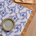 Blue floral cotton linen rectangle placemat with Japanese style striped print pattern - Vine Leaf Blue Flower