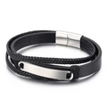 Pulsera multicapa de cuero negro trenzado con placa metálica rectangular plateada - Color Acero (KB153860-BQM)