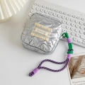 Chic silver heart quilted PU makeup bag with contrast woven lanyard and zip closure - Heart Embossed Silver (White/Yellow Label)