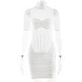 Elegante witte nauwsluitende mini-jurk met mesh patchwork en een stijlvolle col - S / Wit