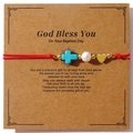 Red string bracelet with blue cross, pearl, and gold heart charm on gift card - Red (Baptism Card)