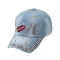 Detail of denim baseball cap with LOVE rhinestone pattern and red lip design - Light Blue (LOVE Rhinestone)