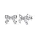 Elegant S925 sterling silver ribbon bow stud earrings with a brushed metallic texture - Silver Minimalist Bowknot Studs (SE410-P)